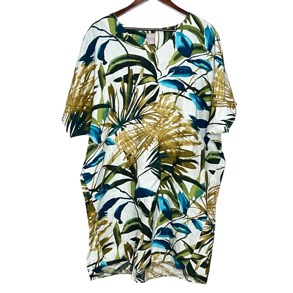 Chico's Linen Palm Print Tunic Wedge Short Dress Kaftan Multi-Print Womens 16/18